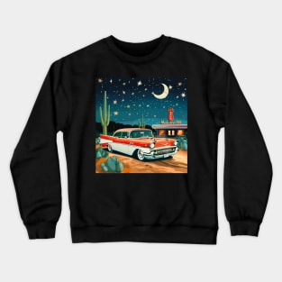 Retro Vintage Diner Route 66 Classic Car Roadside Attraction at Night Desert Crewneck Sweatshirt